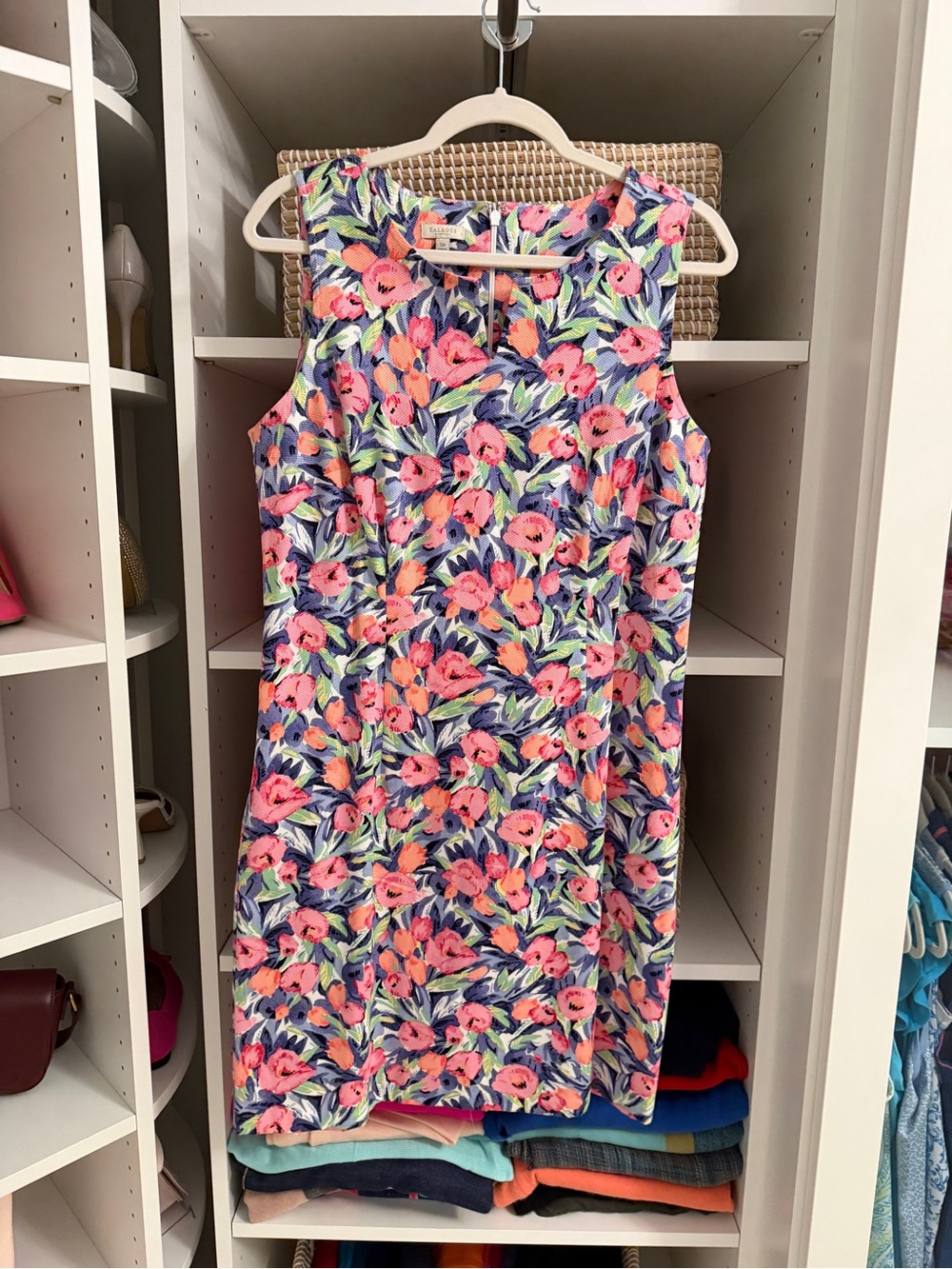 Talbots Petites 12P Floral Fit & Flare Dress Sleeveless Pink Navy Coral